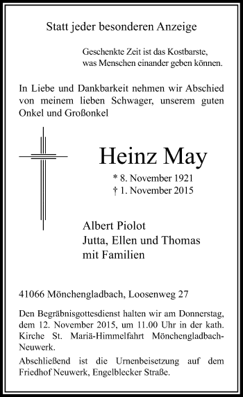 Traueranzeige von Heinz May von Rheinische Post