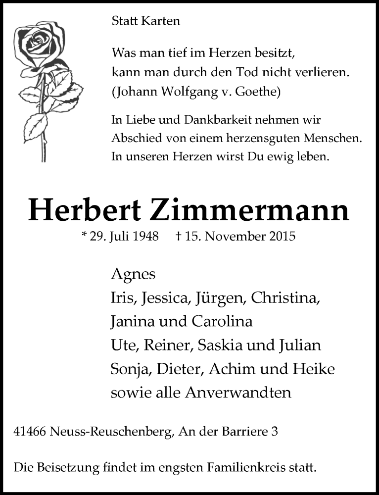  Traueranzeige für Herbert Zimmermann vom 21.11.2015 aus Rheinische Post