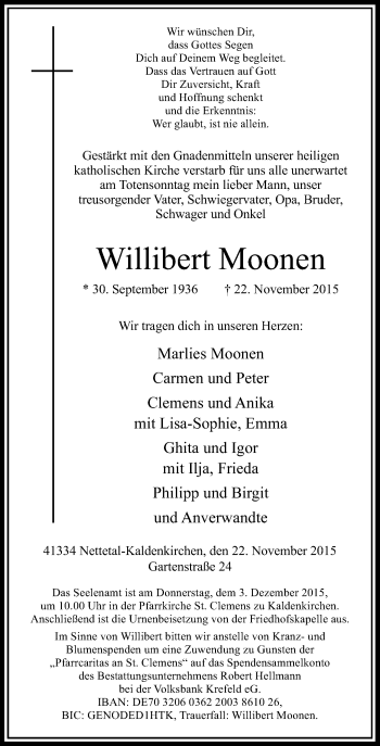 Traueranzeige von Willibert Moonen von Rheinische Post