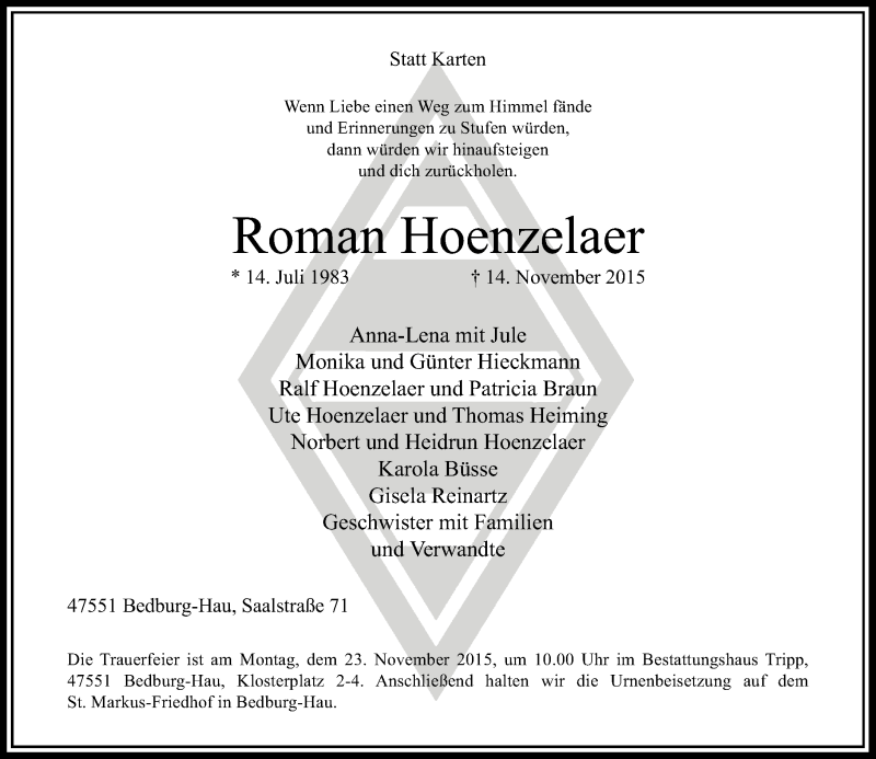  Traueranzeige für Roman Hoenzelaer vom 17.11.2015 aus Rheinische Post