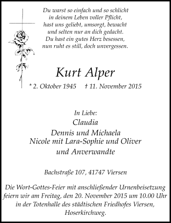 Traueranzeige von Kurt Alper von Rheinische Post