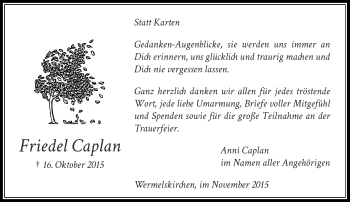 Traueranzeige von Friedel Caplan von Rheinische Post