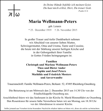 Traueranzeige von Maria Wellmann-Peters von Rheinische Post