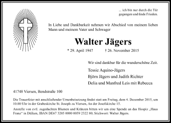 Traueranzeige von Walter Jägers von Rheinische Post
