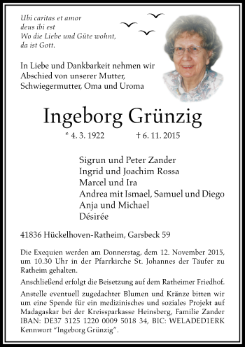 Traueranzeige von Ingeborg Grünzig von Rheinische Post