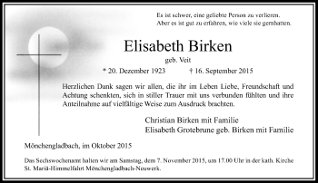 Traueranzeige von Elisabeth Birken von Rheinische Post