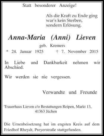 Traueranzeige von Anna-Maria Lieven von Rheinische Post