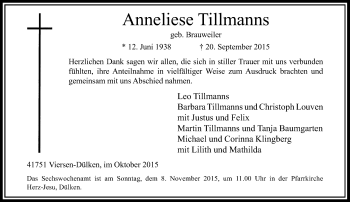 Traueranzeige von Anneliese Tillmanns von Rheinische Post