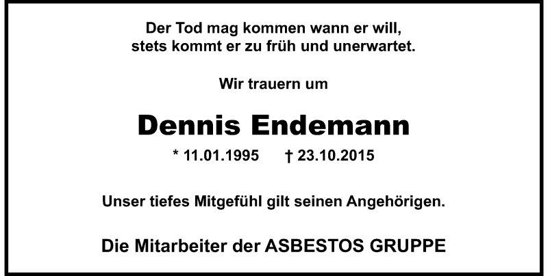  Traueranzeige für Dennis Endemann vom 07.11.2015 aus Rheinische Post