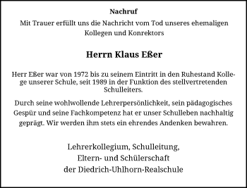 Traueranzeige von Klaus Eßer von Rheinische Post