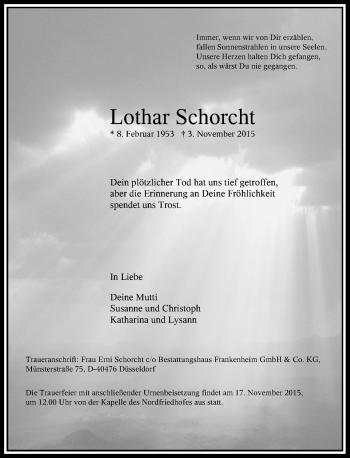Traueranzeige von Lothar Schorcht von Rheinische Post