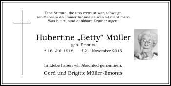 Traueranzeige von Hubertine Müller von Rheinische Post