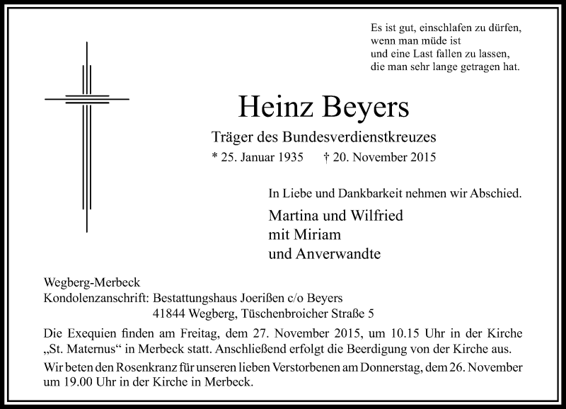  Traueranzeige für Heinz Beyers vom 24.11.2015 aus Rheinische Post