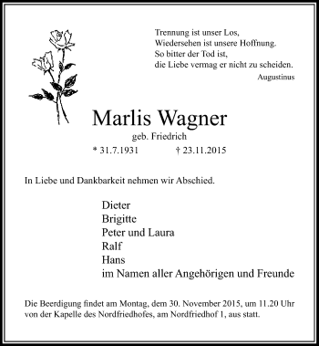 Traueranzeige von Marlis Wagner von Rheinische Post