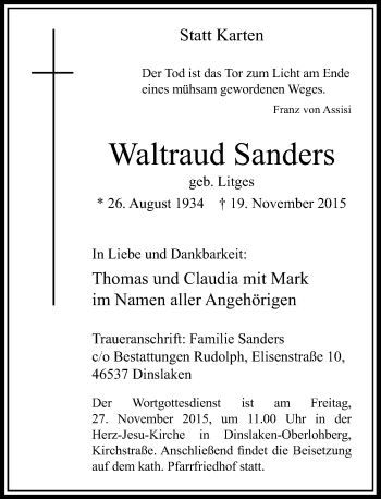 Traueranzeige von Waltraud Sanders von Rheinische Post