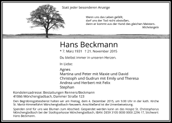 Traueranzeige von Hans Beckmann von Rheinische Post