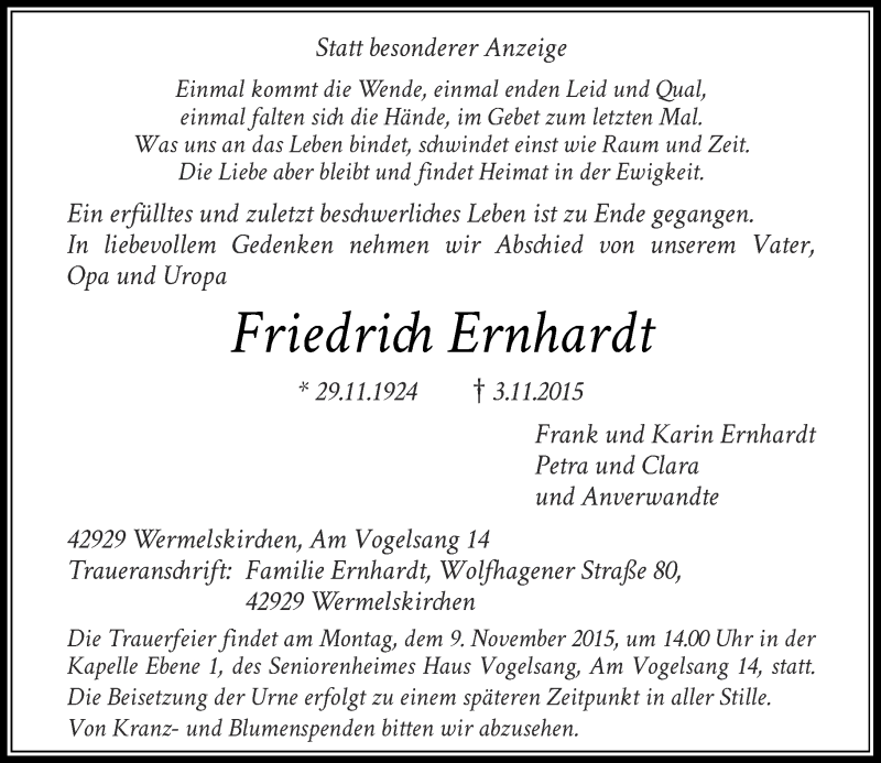  Traueranzeige für Friedrich Ernhardt vom 07.11.2015 aus Rheinische Post