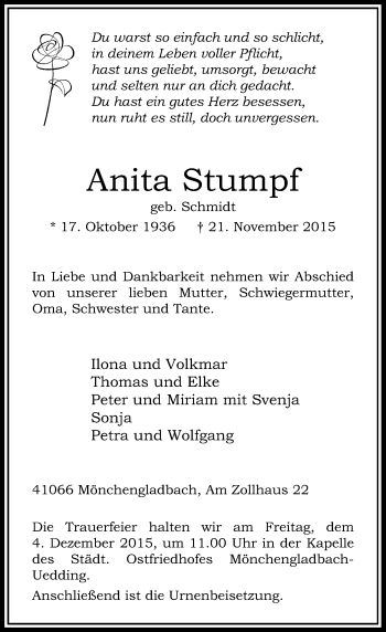 Traueranzeige von Anita Stumpf von Rheinische Post