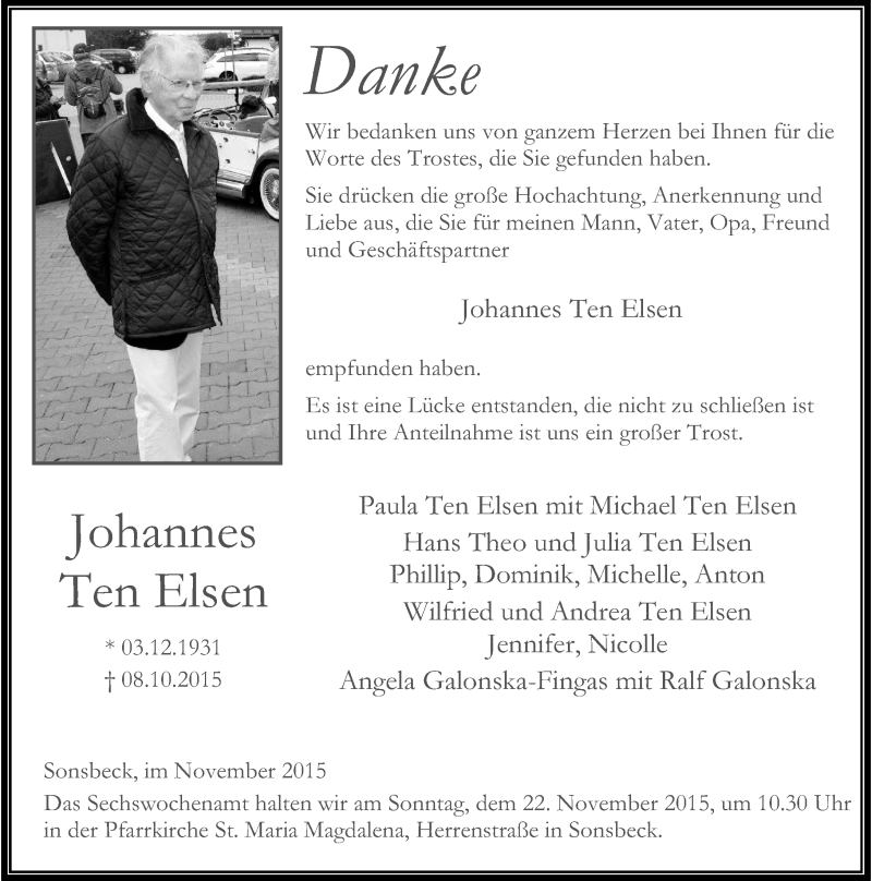  Traueranzeige für Johannes Ten Elsen vom 14.11.2015 aus Rheinische Post