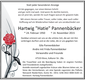 Traueranzeige von Hartwig  Pannenbäcker von Rheinische Post