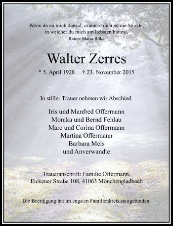 Traueranzeige von Walter Zerres von Rheinische Post