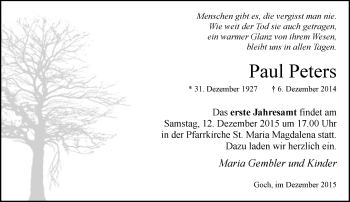 Traueranzeige von Paul Peters von Rheinische Post