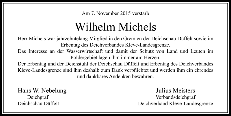  Traueranzeige für Wilhelm Michels vom 11.11.2015 aus Rheinische Post
