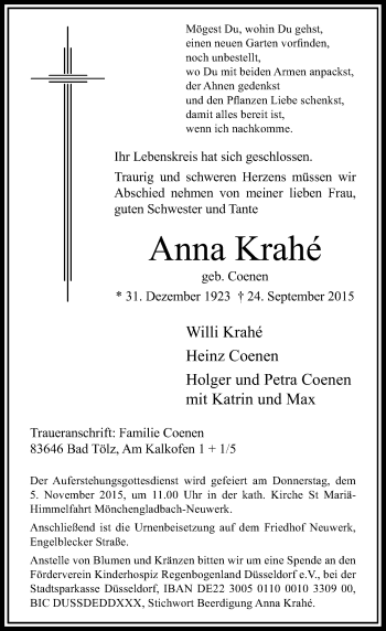 Traueranzeige von Anna Krahé von Rheinische Post