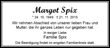 Traueranzeige von Margot Spix von Rheinische Post