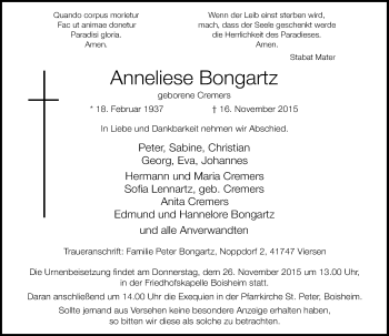 Traueranzeige von Anneliese Bongartz von Rheinische Post
