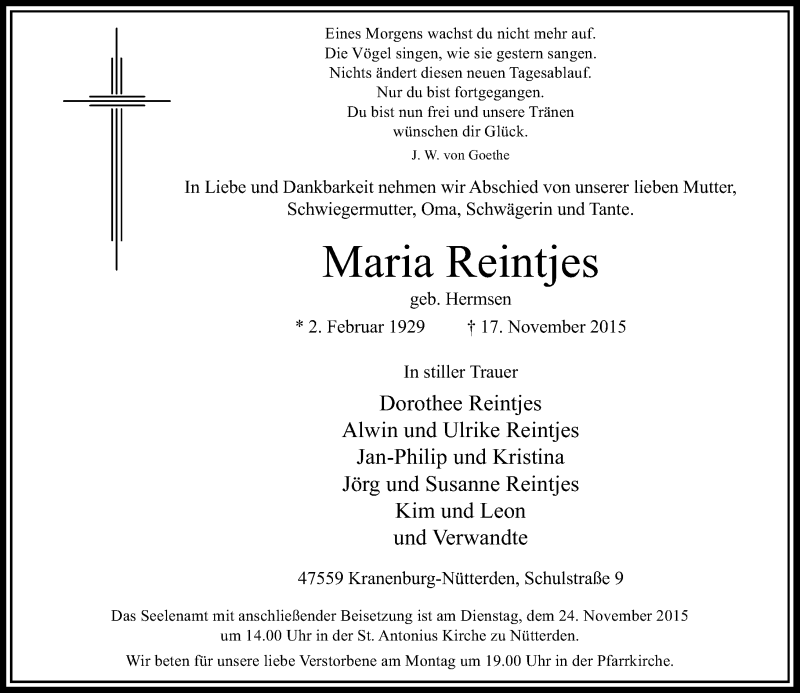  Traueranzeige für Maria Reintjes vom 20.11.2015 aus Rheinische Post