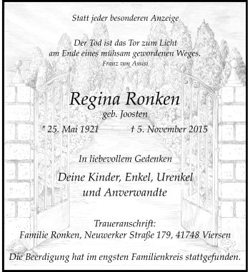 Traueranzeige von Regina Ronken von Rheinische Post