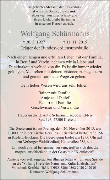 Traueranzeige von Wolfgang Schürmanns von Rheinische Post