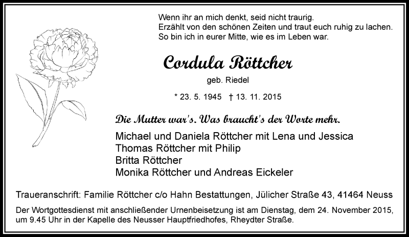 Traueranzeige für Cordula Röttcher vom 14.11.2015 aus Rheinische Post