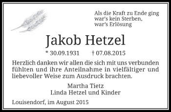 Traueranzeige von Jakob Hetzel von Rheinische Post