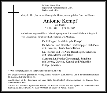 Traueranzeige von Antonie Kempf von Rheinische Post