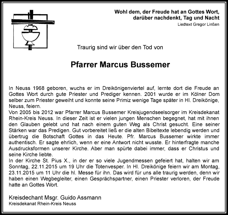  Traueranzeige für Marcus Bussemer vom 21.11.2015 aus Rheinische Post