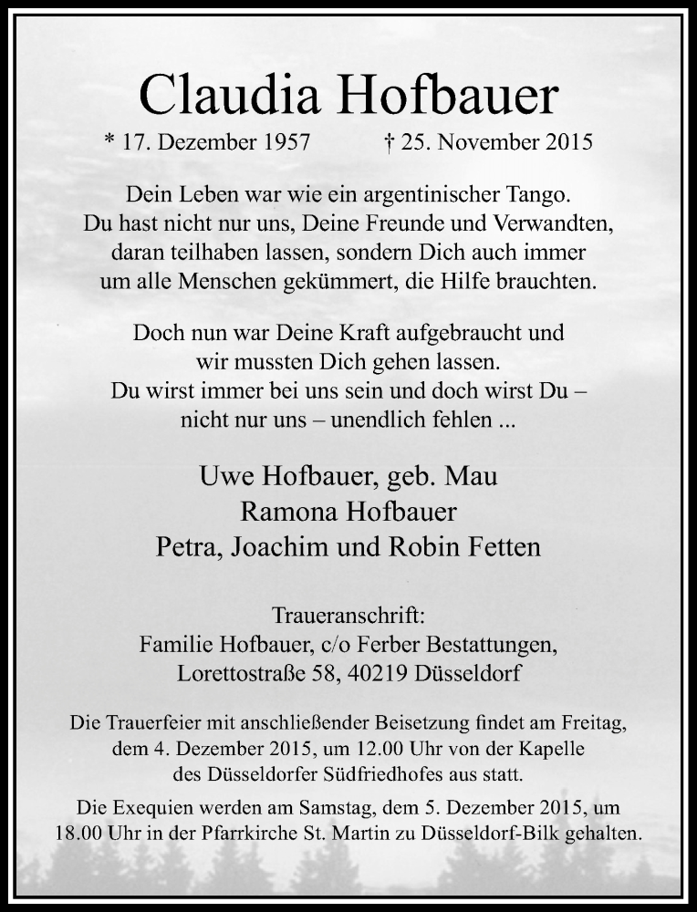  Traueranzeige für Claudia Hofbauer vom 28.11.2015 aus Rheinische Post