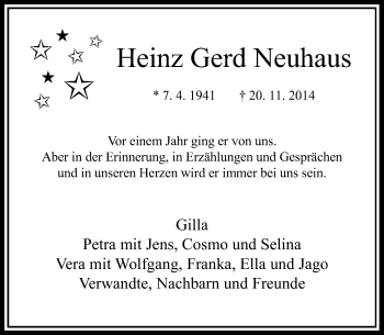 Traueranzeige von Heinz Gerd Neuhaus von Rheinische Post