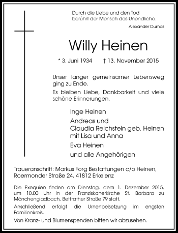 Traueranzeige von Willy Heinen von Rheinische Post