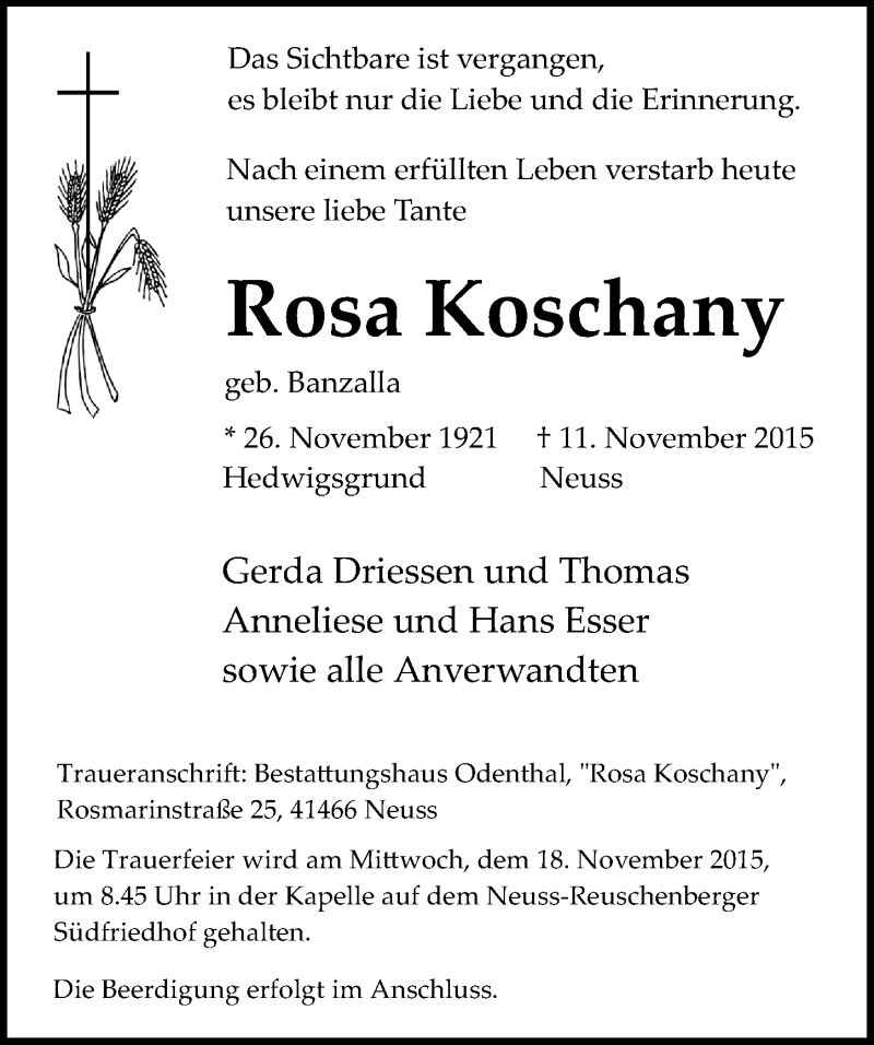  Traueranzeige für Rosa Koschany vom 14.11.2015 aus Rheinische Post