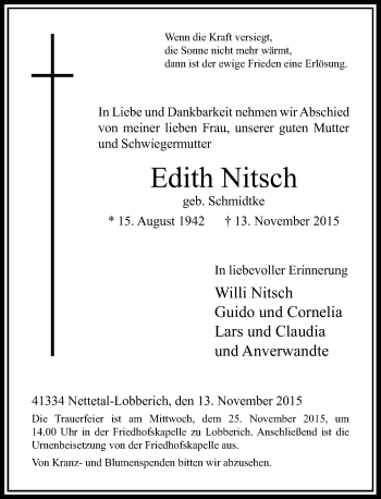 Traueranzeige von Edith Nitsch von Rheinische Post