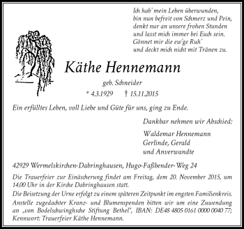 Traueranzeige von Käthe Hennemann von Rheinische Post