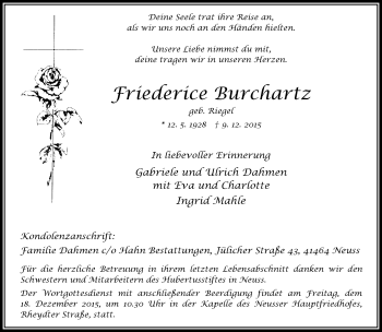 Traueranzeige von Friederice Burchartz von Rheinische Post
