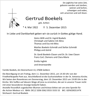 Traueranzeige von Gertrud Boekels von Rheinische Post