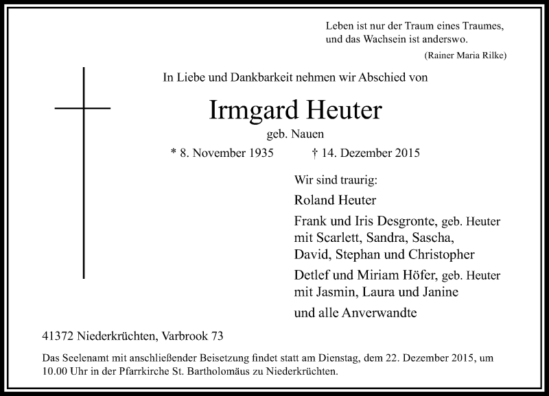  Traueranzeige für Irmgard Heuter vom 19.12.2015 aus Rheinische Post