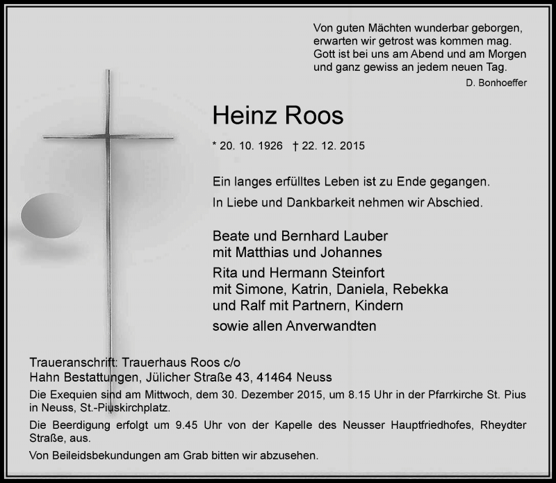  Traueranzeige für Heinz Roos vom 28.12.2015 aus Rheinische Post
