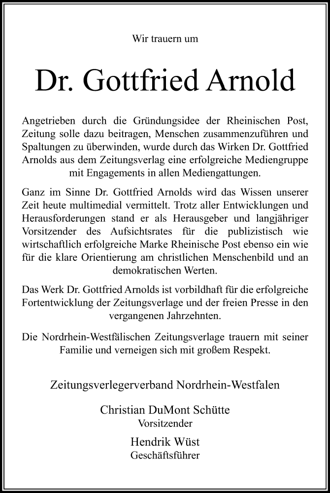  Traueranzeige für Gottfried Arnold vom 31.12.2015 aus Rheinische Post