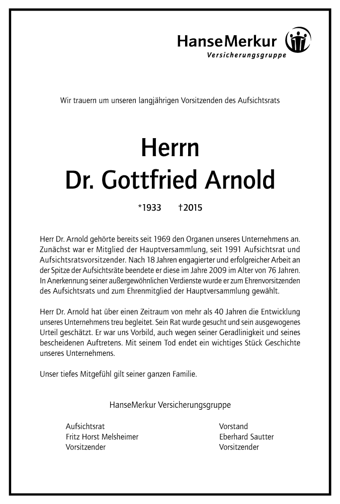  Traueranzeige für Gottfried Arnold vom 31.12.2015 aus Rheinische Post