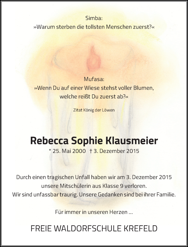  Traueranzeige für Rebecca Sophie Klausmeier vom 11.12.2015 aus Rheinische Post